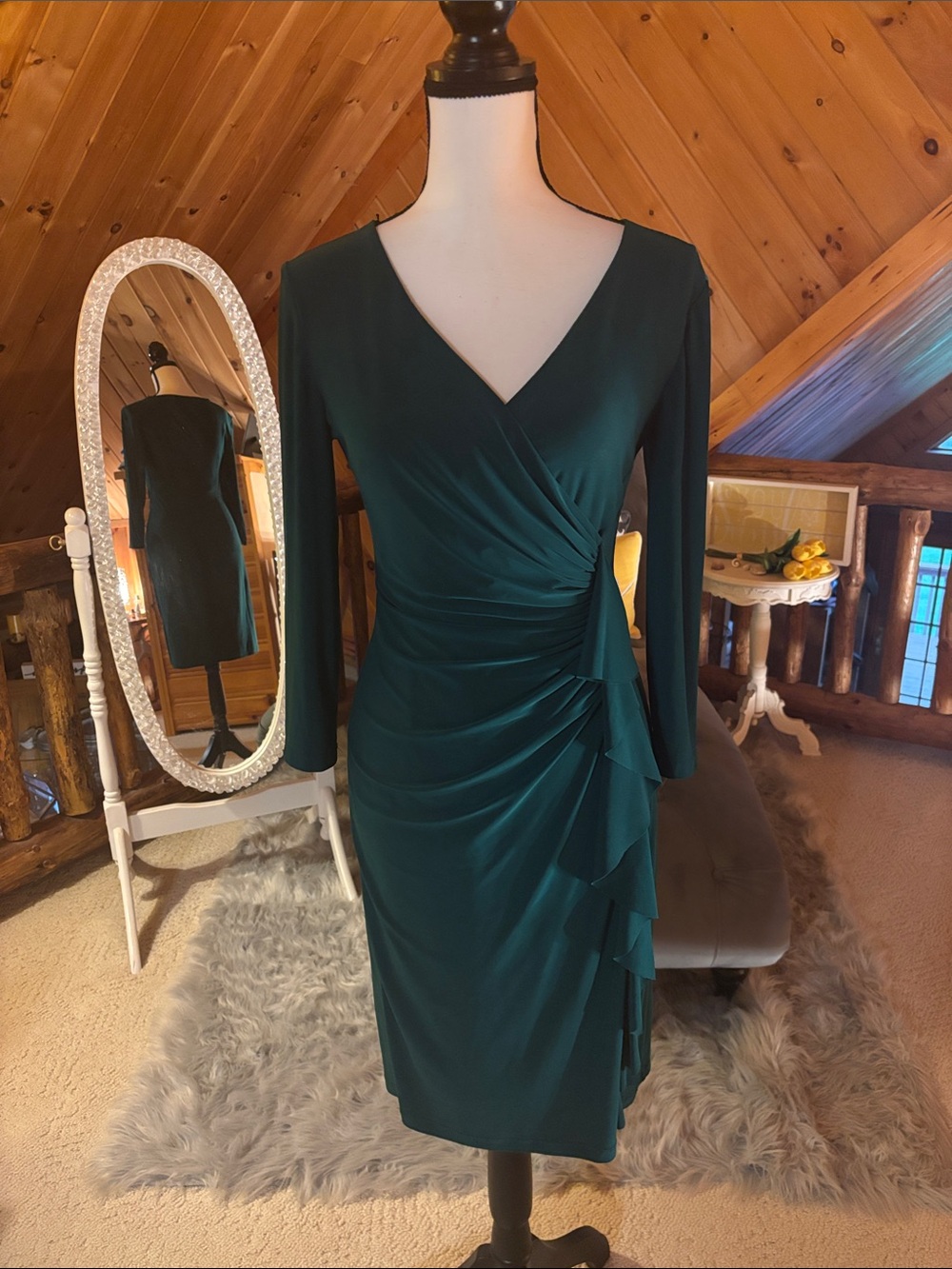 Elegant Deep Teal Long Sleeve Faux-Wrap Dress